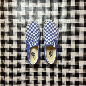 blue checkerboard slip on vans